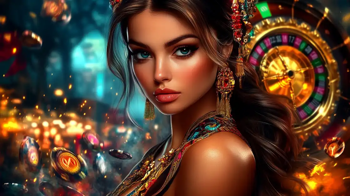 A stunning close-up of a woman with elaborate jewelry, with a spinning roulette wheel in the background, embodying the elegance and high-stakes excitement of the CVC666 live casino.