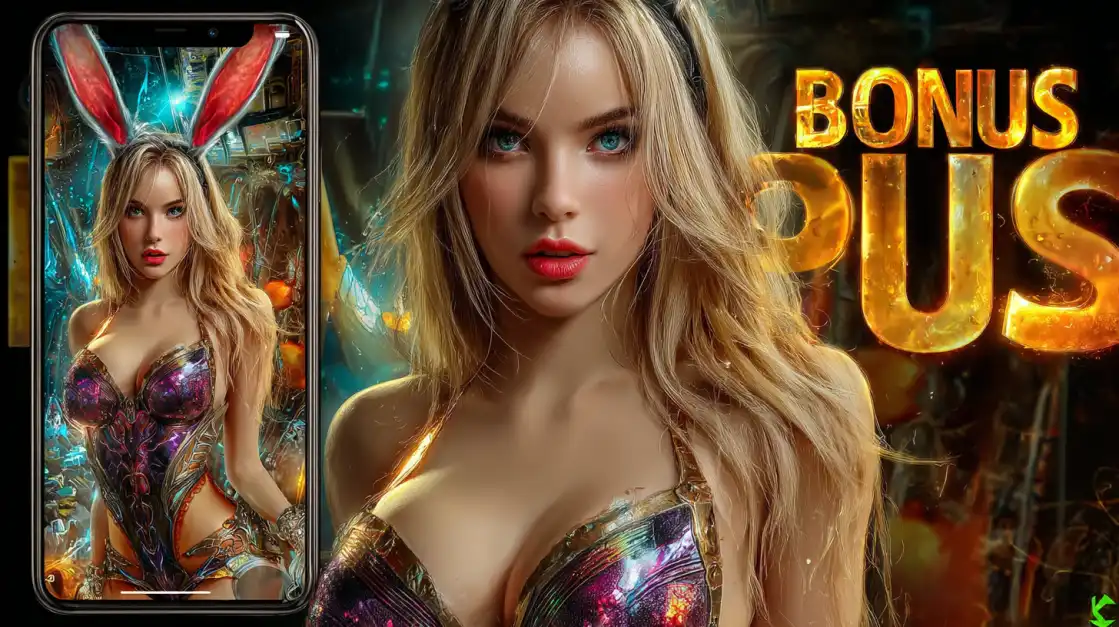 A split image of a beautiful blonde woman in a futuristic bunny outfit on a phone screen and in person, next to large golden text reading 'BONUS PLUS', promoting CVC666's special offers.