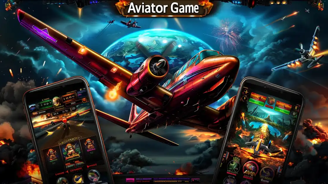 A stunning promotional image for the 'Aviator Game' featuring a large, detailed airplane on a runway at night, with mobile phones showcasing the immersive gameplay available at CVC666.