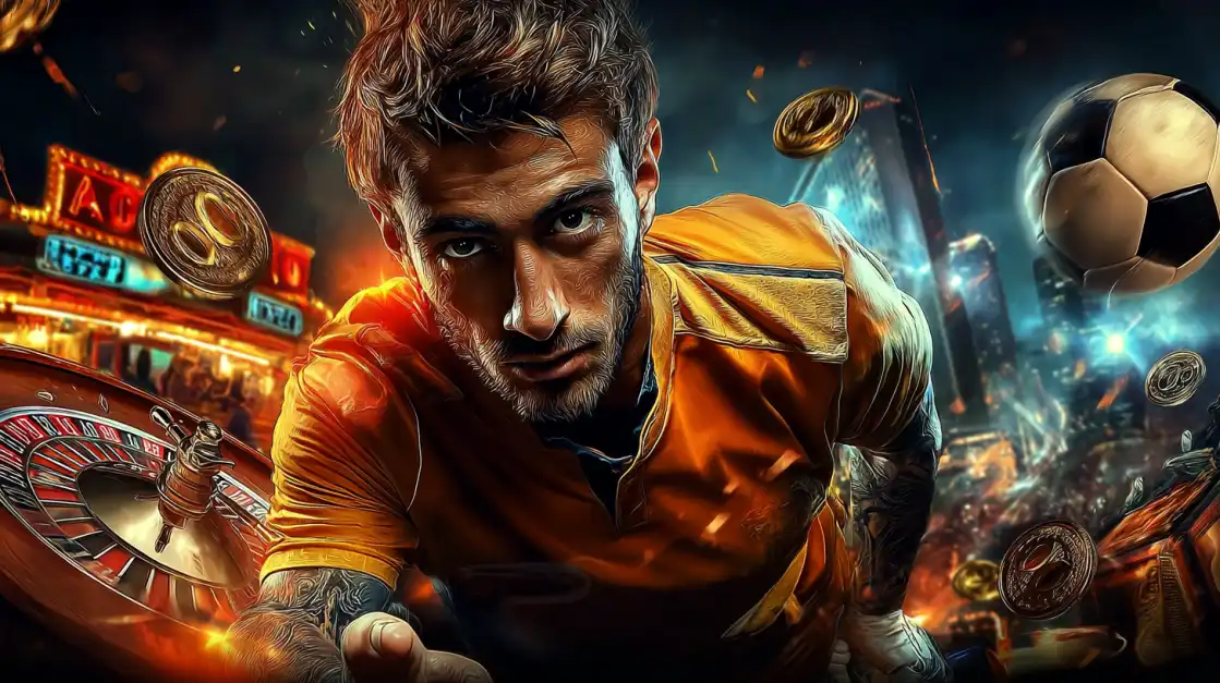 An intense male soccer player stands ready for action in a composite image with a roulette wheel and a stadium background, representing the exciting world of sports betting at CVC666.