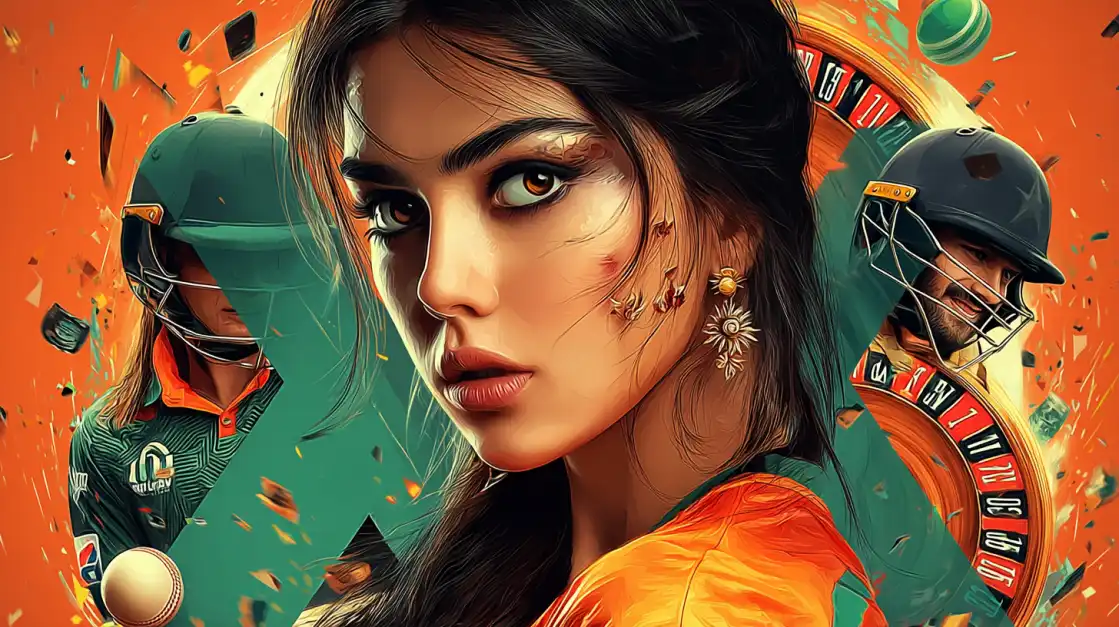 An artistic close-up of a woman's face is blended with images of cricket players and a spinning roulette wheel, highlighting the diverse betting opportunities on sports and casino at CVC666.