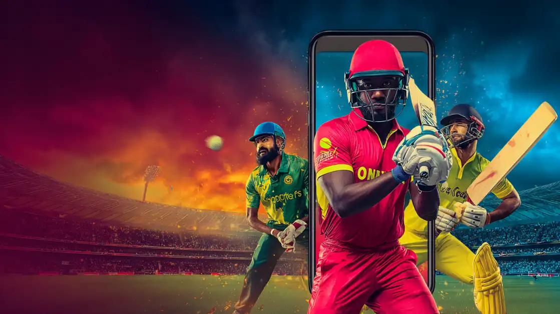 A dynamic image of cricket players in a packed stadium, with the lead batsman framed inside a smartphone, illustrating the immersive mobile experience of live cricket betting on CVC666.