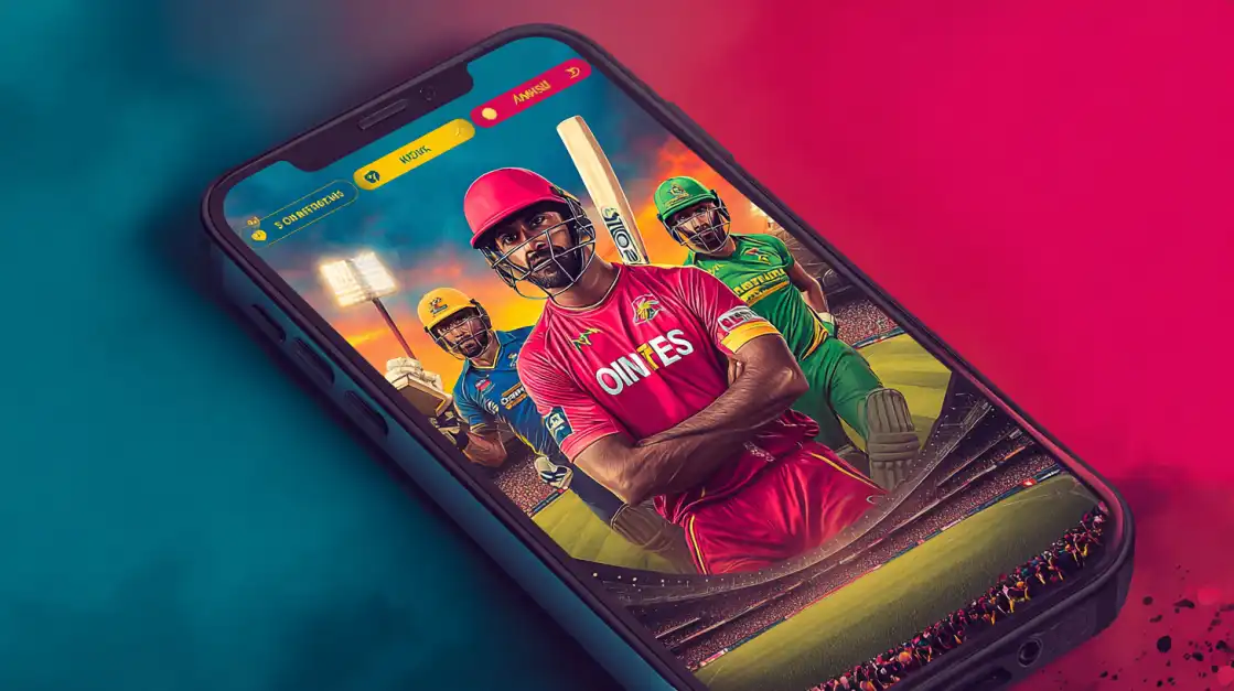A smartphone displays a thrilling cricket match with players in pink and green uniforms, showcasing the high-quality streaming and betting interface of the CVC666 sports app.