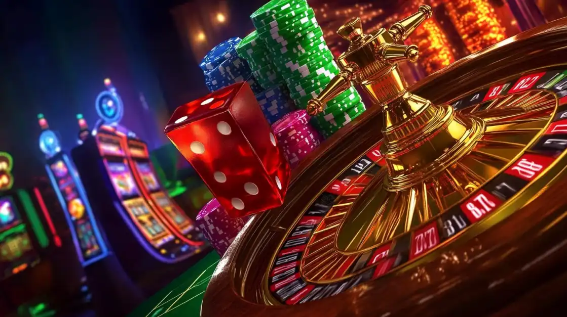 A close-up of a luxurious golden roulette wheel with red dice tumbling next to stacks of green and blue casino chips, capturing the classic high-stakes excitement of table games at CVC666.