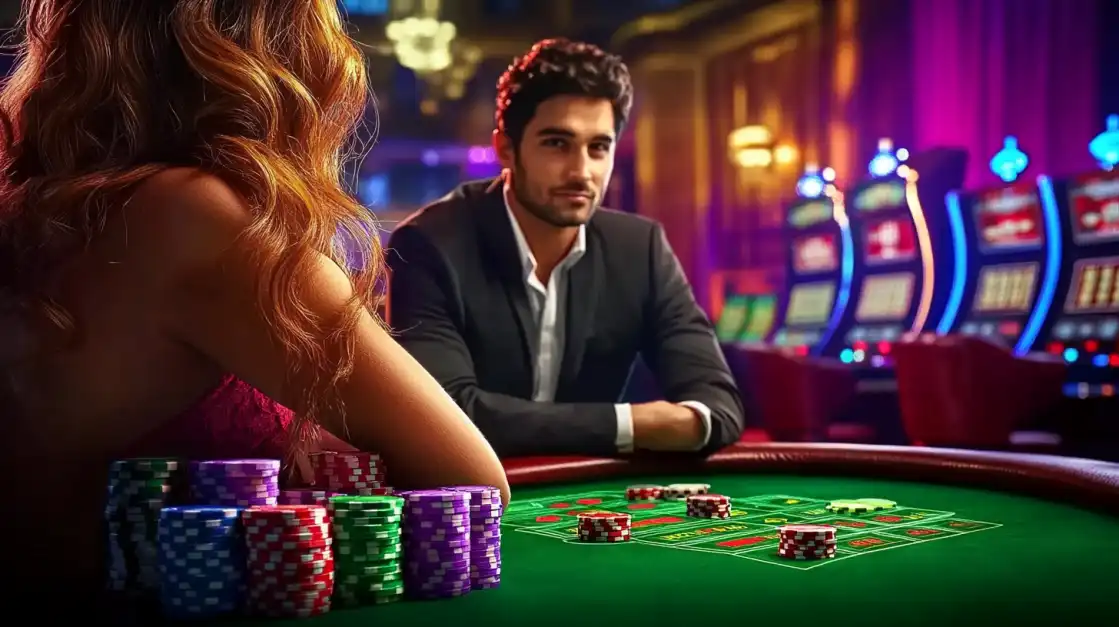 A handsome man and a beautiful woman are seated at a green felt casino table, engaged in a game with poker chips. Enjoy a sophisticated live dealer experience at CVC666.