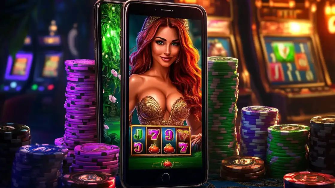 A smartphone stands amidst towering stacks of purple and green poker chips, its screen glowing with a classic fruit and 7s slot game featuring a beautiful red-haired character on CVC666.