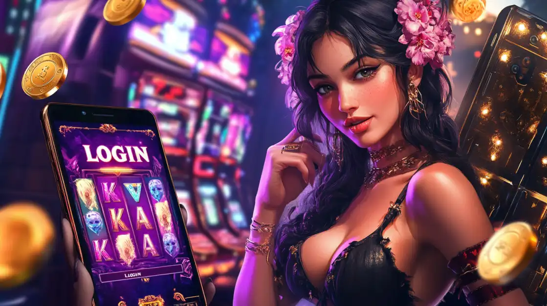 A beautiful woman with pink flowers in her hair holds a smartphone showing the CVC666 login screen for a fantasy slot game, set against a vibrant, neon-lit casino floor.
