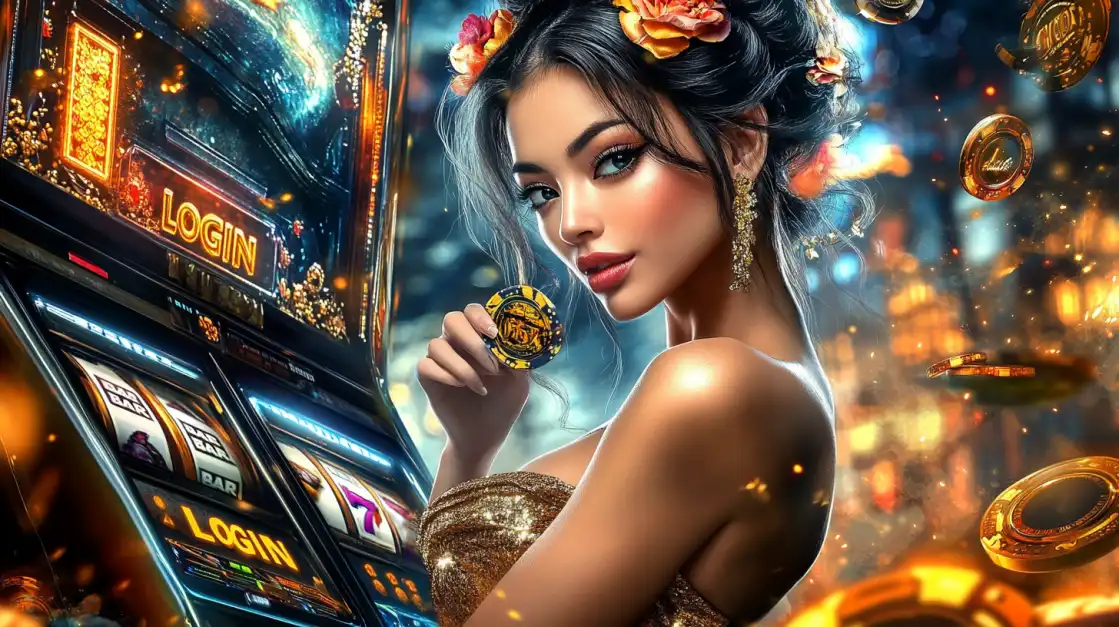 A glamorous woman in a glittering gold dress holds a poker chip while standing next to a glowing slot machine with a 'LOGIN' display, ready for an elegant gaming night at CVC666.
