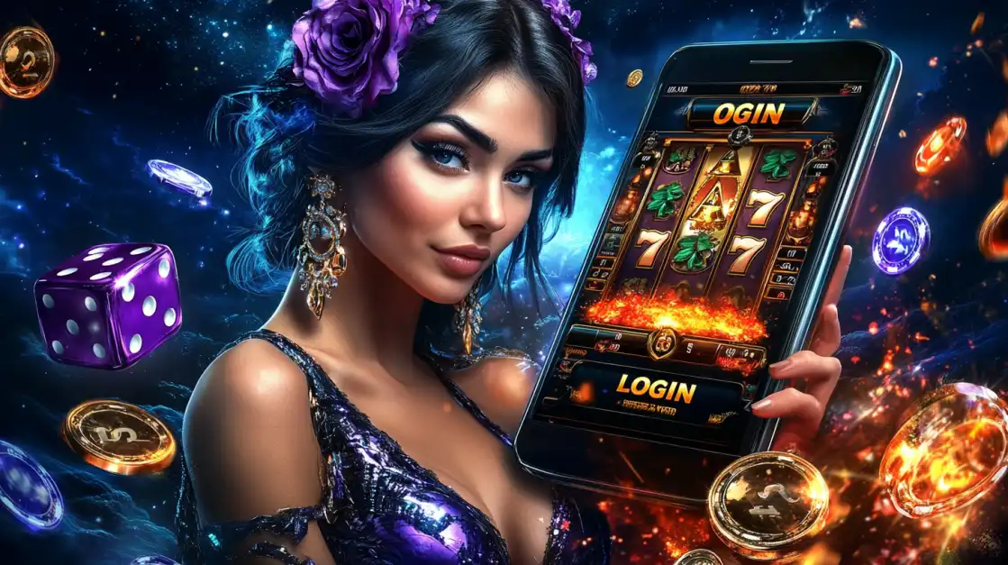 A gorgeous woman with purple roses in her hair holds a smartphone with the CVC666 slot game login screen, floating in a cosmic scene with dice and coins, inviting you to a stellar experience.