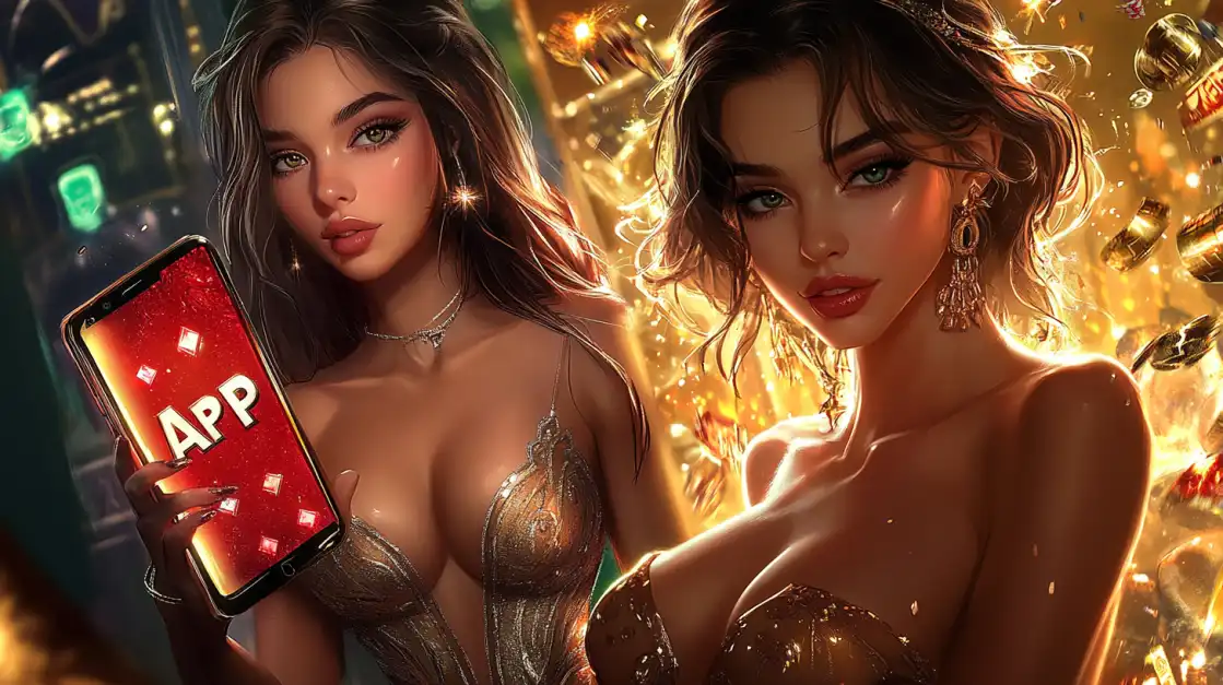 A beautiful woman with long dark hair smiles in a tropical paradise setting while holding a smartphone displaying the easy-to-use CVC666 casino app, with bitcoin-style coins floating around.