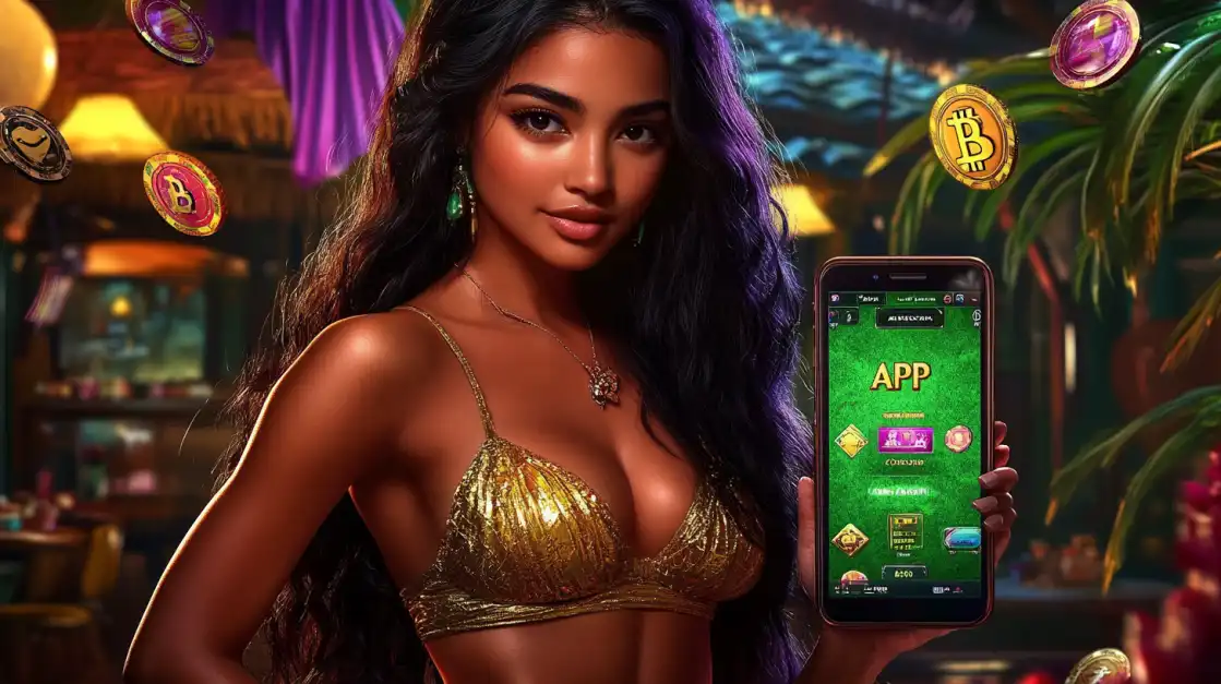 A vibrant woman in a colorful carnival headdress smiles next to a large smartphone displaying a festive, football-themed slot game, capturing the party atmosphere of CVC666's games.